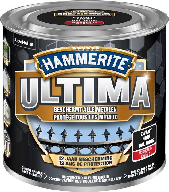 Hammerite Ultima - 250ML - Zwart - RAL 9005 - Zijdeglans - Hout - Buiten