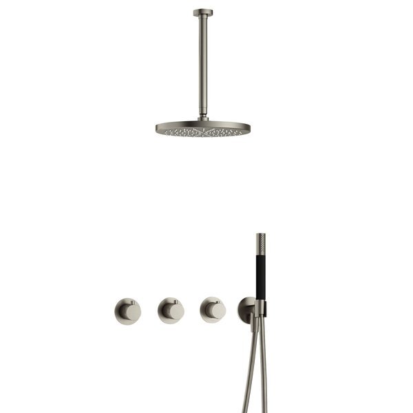 hotbath Cobber IBS70 complete thermostatische douche inbouwset met 2 stopkranen met 30cm plafondarm 30cm ronde hoofddouche staafhanddouche nikkel geborsteld IBS70GN35