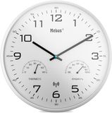 Mebus Moderne radiogestuurde wandklok met weergave van temperatuur en luchtvochtigheid, 30 cm, voor woonkamer, keuken, model 52841, kleur: wit