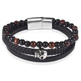 Memphis Heren armband Tijgeroog Skull Gevlochten Leer Zwart Bruin-22cm