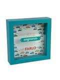 Decoratieve spaarpot van hout, 16 x 16 cm, vintage design, turquoise lijst met Italiaans belettering