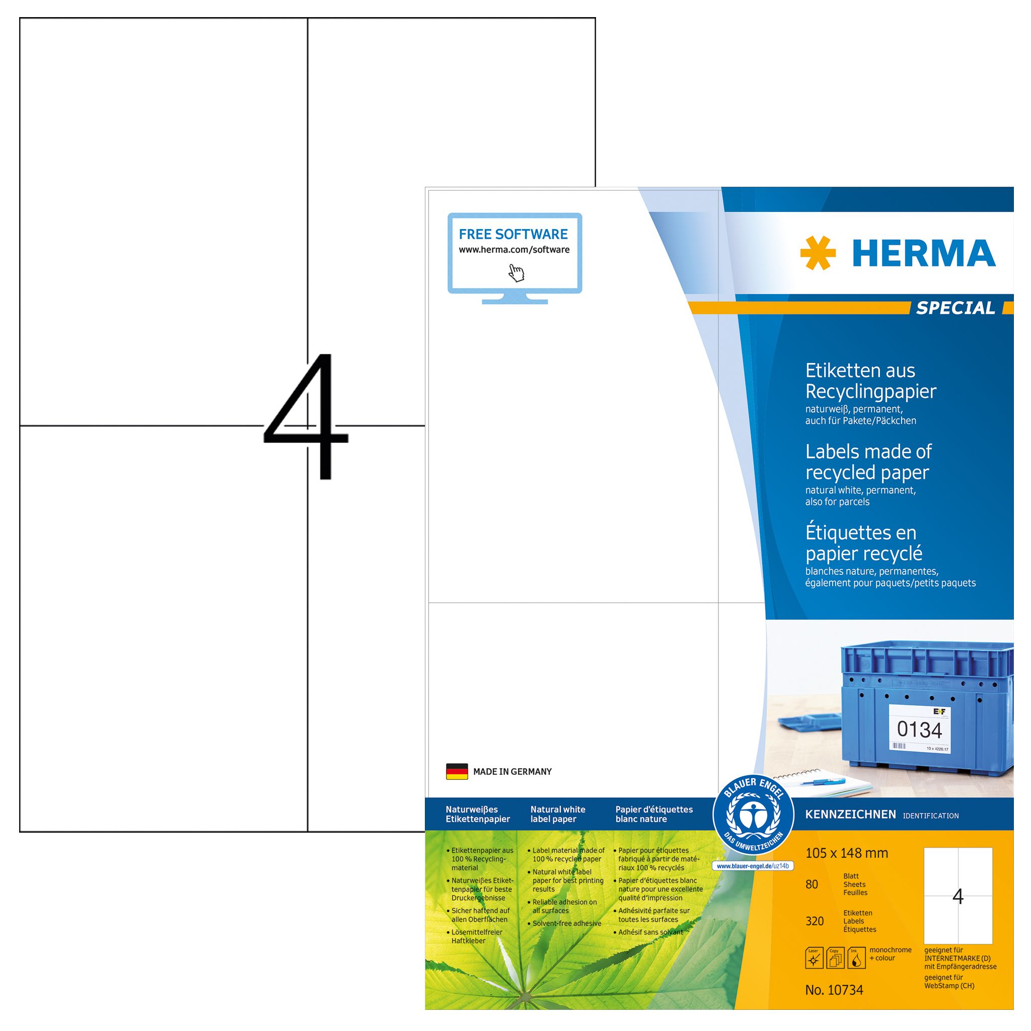 HERMA 10734 - Printeretiket - Zelfklevend - Wit - Rechthoek - Laser/Inkjet - 10.5x14.8 cm - 320 stuks