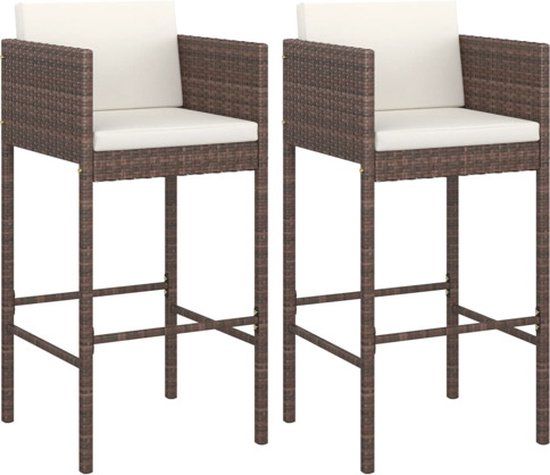 vidaXL Barkrukken 2 st met kussens poly rattan bruin