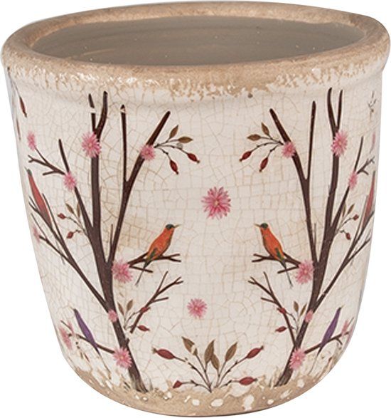 Clayre & Eef Bloempot - Ø 11x10 cm - Beige Bruin - Keramiek - Takken - Binnen
