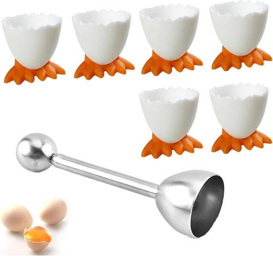Eierdopjes Set - 6 stuks met Eieropener - Wit/Oranje