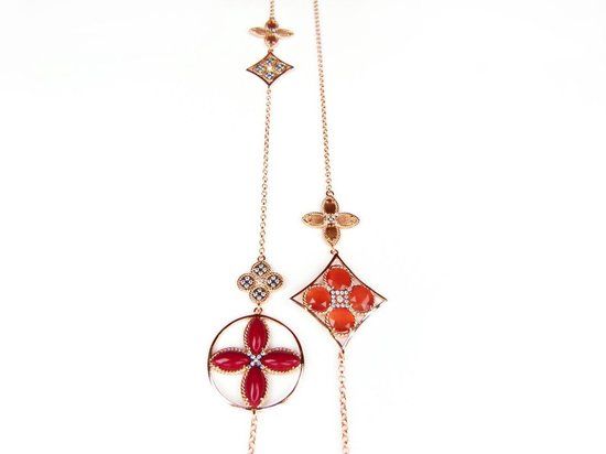 Zilveren collier met rode en oranje stenen - 90 cm