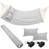 Bakaji Hangmat voor de tuin, tweepersoonsbed, 2-zits, 232 x 148 cm, transparante houten stangen, overtrek van katoen met 2 kussens en riemen, modern design, voor tuin, terras, camping (lichtgrijs)