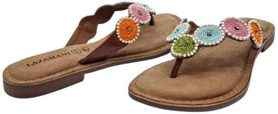 Lazamani Loua leren teenslippers met kraaltjes cognac/pastel