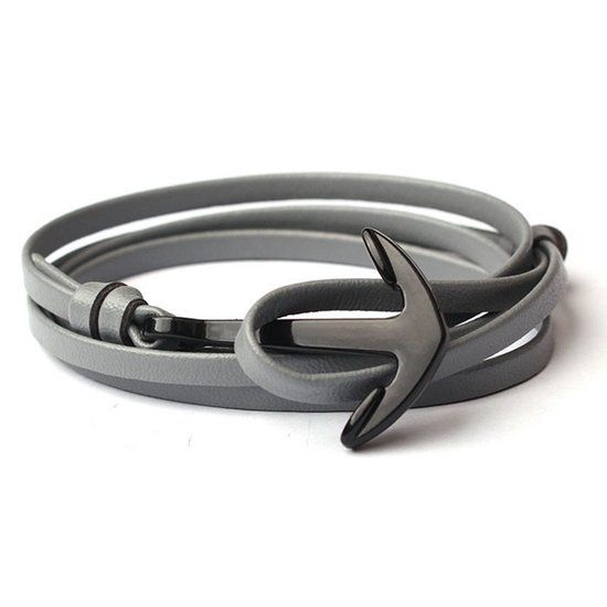 LGT JWLS Zwarte anker armband met grijs leren koord