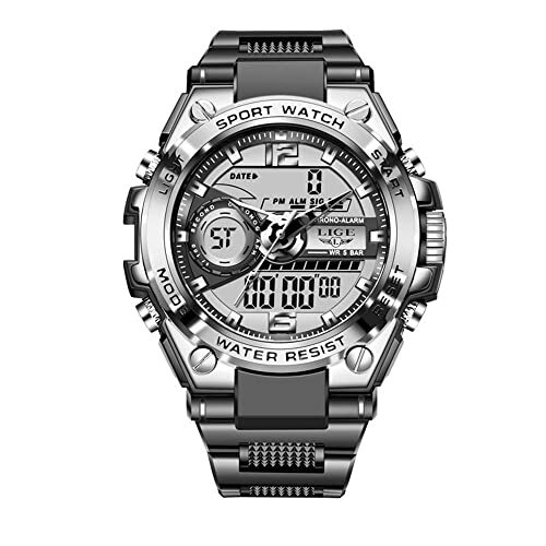 KDFJ Sport Mannen Quartz Digitale Horloge Creatieve Duikhorloges Mannen 50m Waterdicht Alarm Horloge LED Stopwatch Dual Display Klok-Zilver zwart