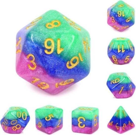 Vera's Arts & Dice Polyset Dice | Dobbelstenen - Set Van 7 Stuks - Roze Blauw Groen Glitters Goud | Voor D&D en Andere Rollenspellen | Plastic Dobbelstenen Set voor Dungeons and Dragons | Polyhedral Dice Set | Met Mooie Zwarte Velvet Dice Bag voor Ongeveer 3 Sets