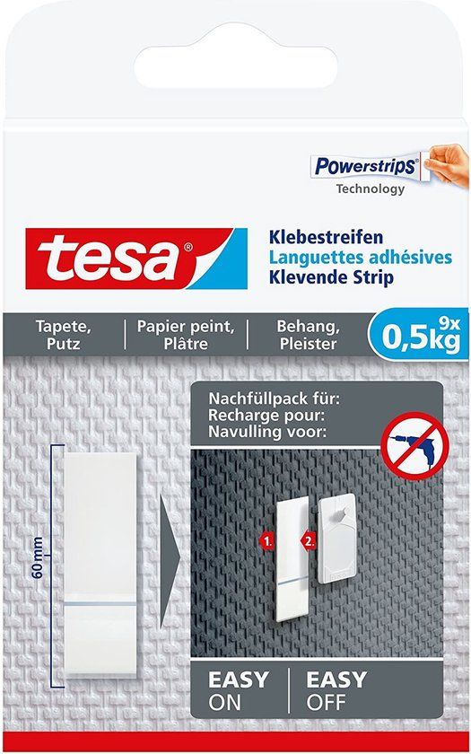 Tesa klevende strip voor behang en pleister - 9 stuks - wit