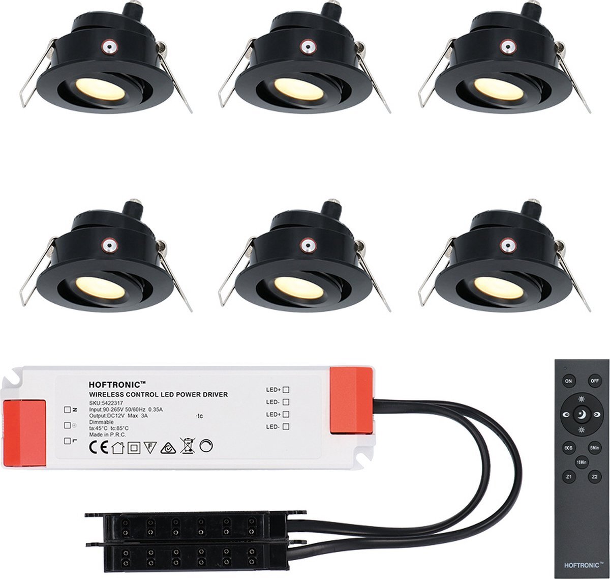 HOFTRONIC Set van 6 Sienna - LED Inbouwspot voor veranda, overkapping en badkamer - Zwart - 12 volt - Incl. afstandsbediening - Dimbaar en kantelbaar - 3 Watt 200 lumen - Zaagmaat: Ø 44 mm - extra plat 30mm - 2700K Warm wit - IP44 waterdicht