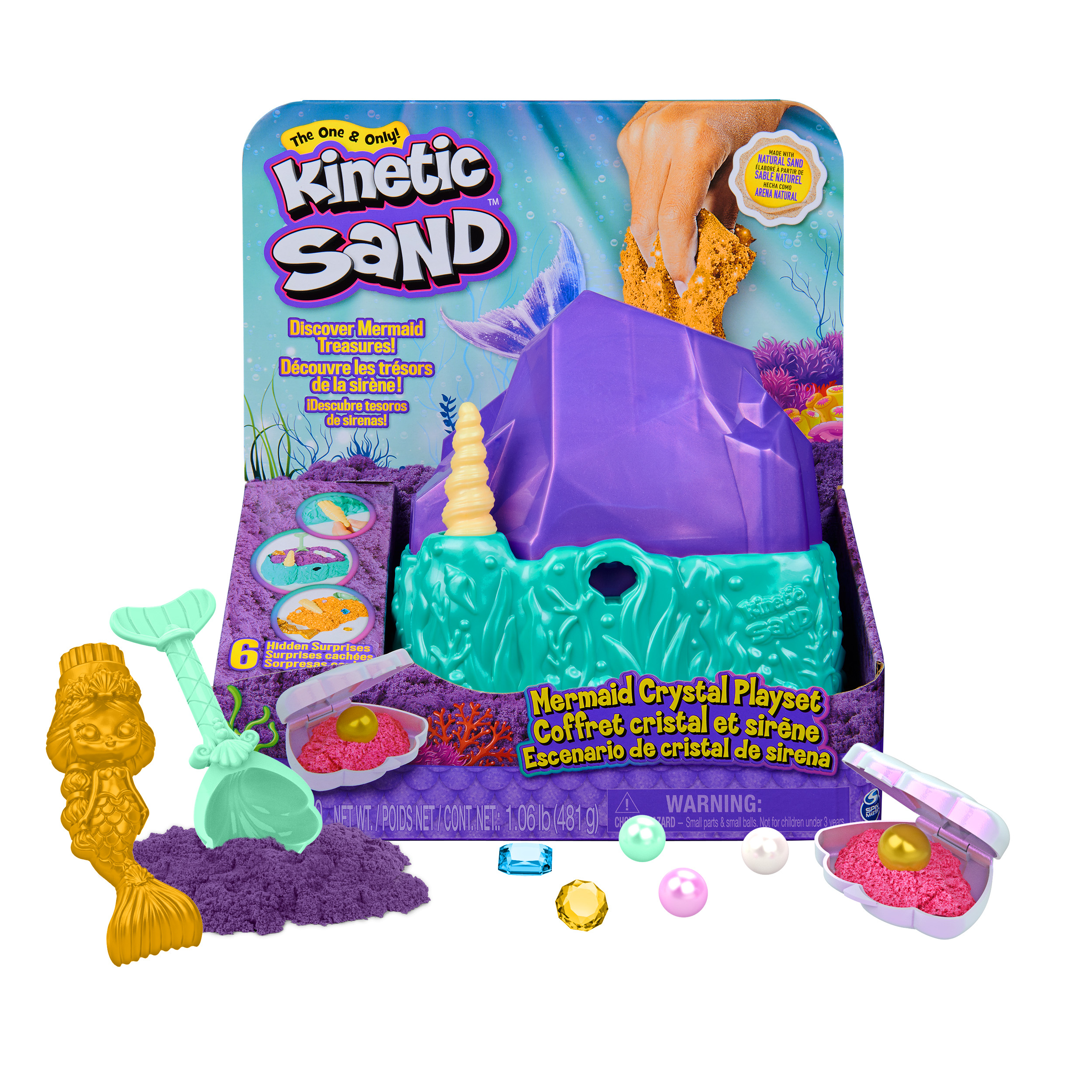 Spin Master Kinetic Sand - Kristal Zeemeermin-speelset met 481 g goudkleurig glinsterend speelzand met opbergbak en gereedschap - Sensoriche speelgoed