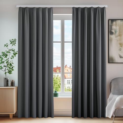 Deconovo Set van 2 ondoorzichtige thermische gordijnen met plooiband, 260 x 140 cm, donkergrijs