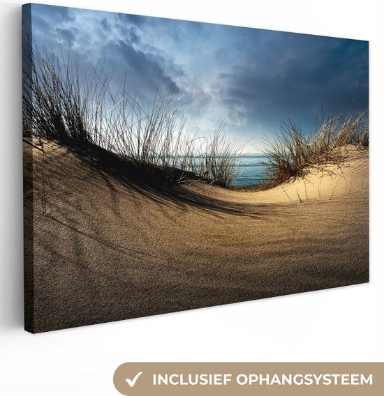 OneMillionCanvasses Canvas Schilderij - Duin - Gras - Wolken - Zee - 180x120 cm