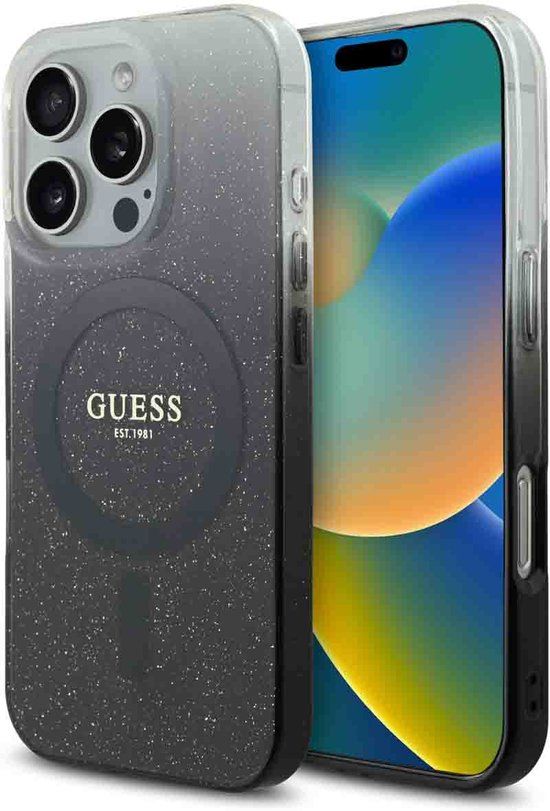 Guess MagSafe IML Glitter Gradient Case voor de Apple iPhone 16 Pro - Zwart