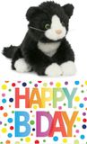 Merkloos Shoppartners Bv Cadeau setje pluche zwart/witte kat/poes knuffel 18 cm met grote A5 formaat Happy Birthday wenskaart