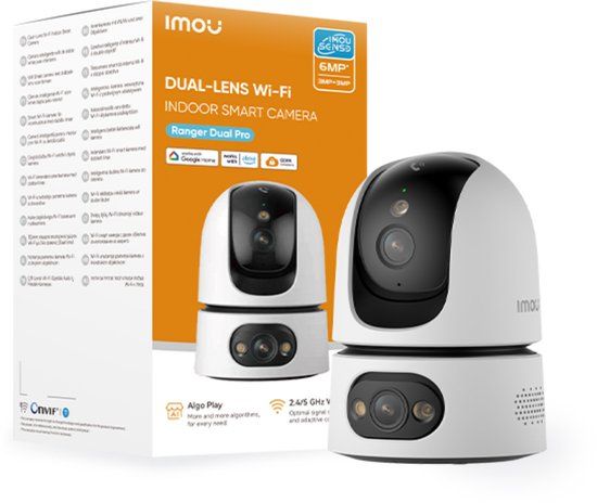Imou Ranger Dual Pro 6MP IP Camera Binnen – Dual-Lens Beveiligingscamera met Pan & Tilt, 360° Zicht, AI Mens- & Huisdierdetectie, Smart Tracking, Full-Color Nachtzicht, 2-weg Audio, Dual-Band Wi-Fi (2.4 & 5 GHz)