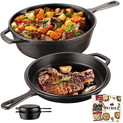 Overmont 2-in-1 gietijzeren pan Dutch Oven met pannendeksel 3I gietijzeren pan + 1,4 I pannendeksel gebruiksklaar ingebrand met lange handgreep voor keuken camping tuin BBQ bakken model: OV009