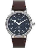 Timex Waterbury 40 mm herenhorloge - bruin lederen tweedelige band met snelsluiting, blauwe wijzerplaat, zilverkleurige kast, TW2W20400