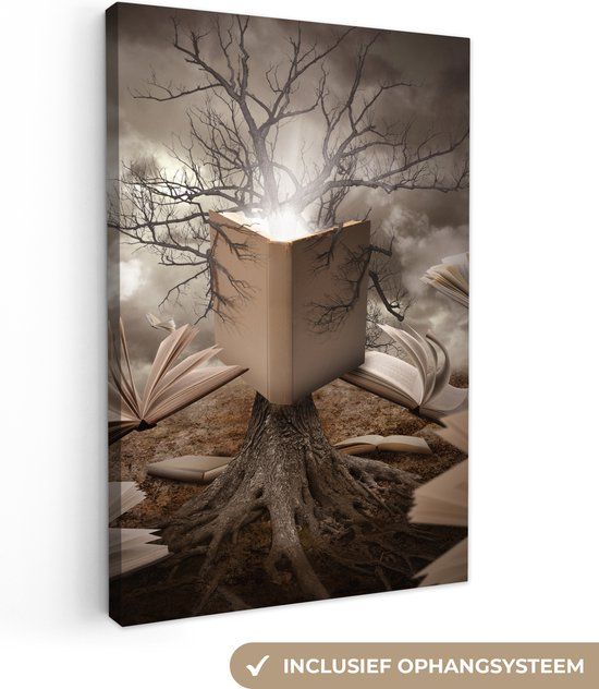 OneMillionCanvasses Canvas schilderij - Boom - Boeken - Vintage - Takken - 40x60 cm