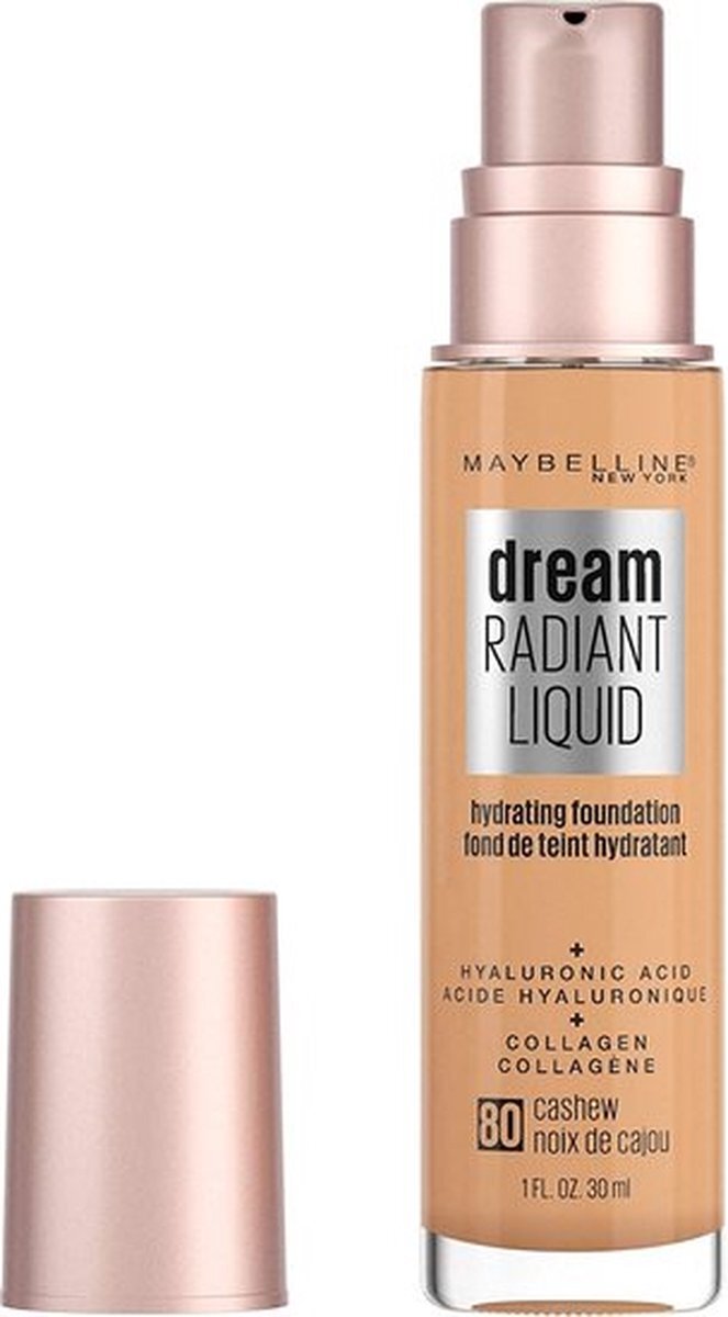 Maybelline Dream Radiant Liquid Foundation - 80 Cashew - Geschikt voor de Droge Huid met Hyaluronzuur en Collageen - Getinte huidskleur - 30 ml