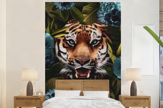 Nr1Wallpaper Behang - Fotobehang Tijger - Bladeren - Blauw - Breedte 155 cm x hoogte 240 cm