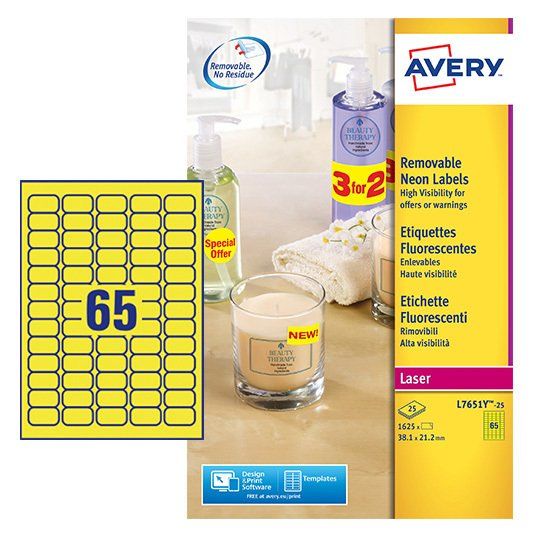 Avery L7651 Geel Mini Labels - Laser - 65 stuks per vel