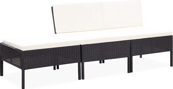 The Living Store Loungeset - PE-rattan - Gepoedercoat staal - Zwart - 57x69x67 cm - Cr&#232;mewit kussens