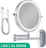 Personal Care Make Up Spiegel met Led Verlichting - 5X Vergroting - Wandspiegel Rond - Scheerspiegel Wandmodel - Badkamer - Douche - Chroom