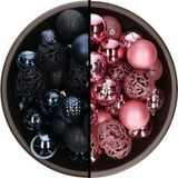 Decoris Kerstballen 74 stuks - Donkerblauw en Roze - 6 cm - Kunststof
