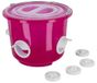 Kerbl Hobbyfarming voeremmer, voerdispenser, met deksel, handgreep en 4 openingen, roze transparant, 38x33x36,5cm, 12 liter, om op te hangen of neer te zetten