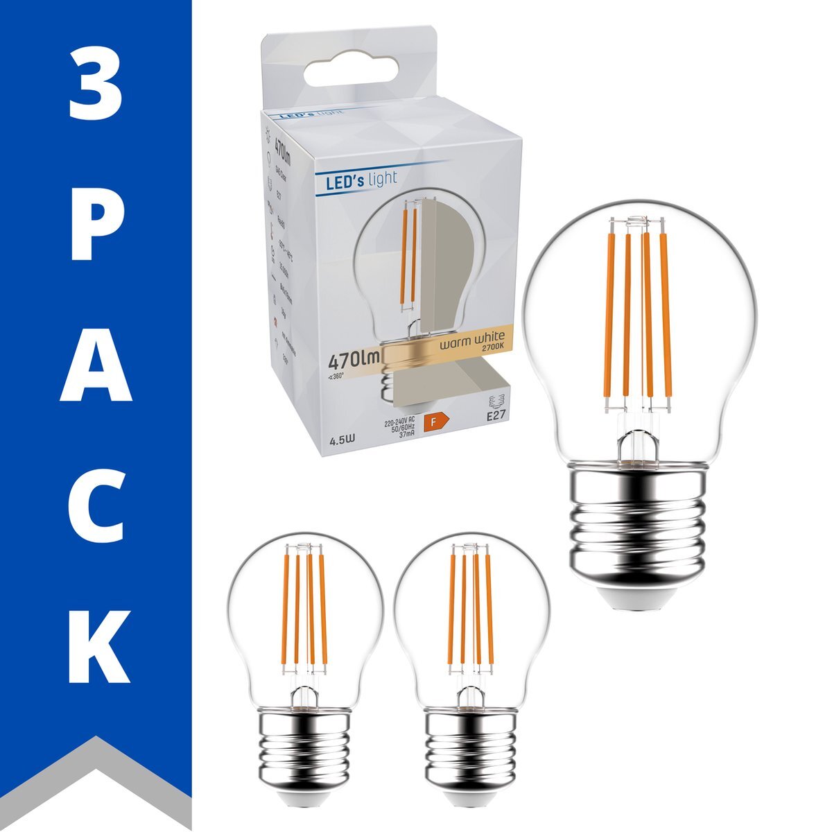 LED.nl ProLong LED Filament Lamp E27 - Kogel Ø 4.5 cm - Transparant - 4.5W (40W) - Warm wit - 3 lampen