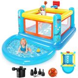 Springkasteel 4-in-1 voor kinderen van 3-6 jaar, binnen/buiten, PVC, met ballenbad, basketbalmand en springbox