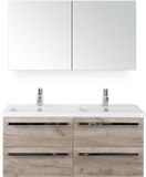 BES LED Seville Badmeubelset 120 cm - 4 Laden Craft Oak - Wastafel Djazz Dubbel met Spiegelkast