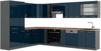Vicco Hoekkeuken Fame-Line, Donkerblauw hoogglans/Antraciet, 347 x 257 cm, WB Eik