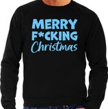 Bellatio Decorations Foute Kersttrui/sweater voor heren - Merry F*cking Christmas - zwart - glitter blauw XL