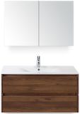 BES LED Dante Badmeubelset 100 cm - Walnoot - Keramische Wastafel Wit Enjoy met Spiegelkast