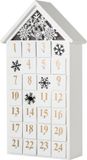 BRUBAKER Herbruikbare houten adventskalender om te vullen - Wit sneeuwhuisje met LED-verlichting - Doe-het-zelf-kalender 24,3 x 45 x 8 cm