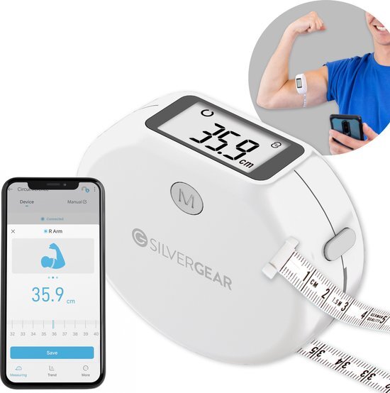 Silvergear Silvergear® Smart Digitaal Meetlint | Meetlint Voor Lichaam met Bluetooth en App | Bluetooth Lichaam Meetlint met LCD-Scherm |Digital Body Measuring Tape | Wit