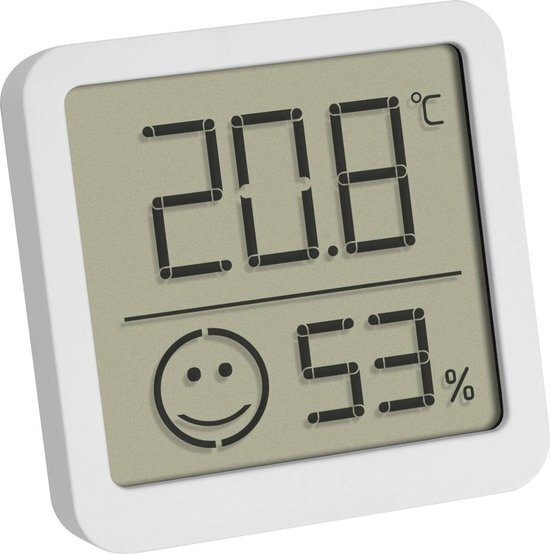 TFA Digitale Mini Thermo-Hygrometer, 30.5053.02, met behaaglijkheidsgraad voor een gezond binnenklimaat, Weergave van binnentemperatuur en -vochtigheid, wit, (L)46 x (B)13 x (H)43 mm