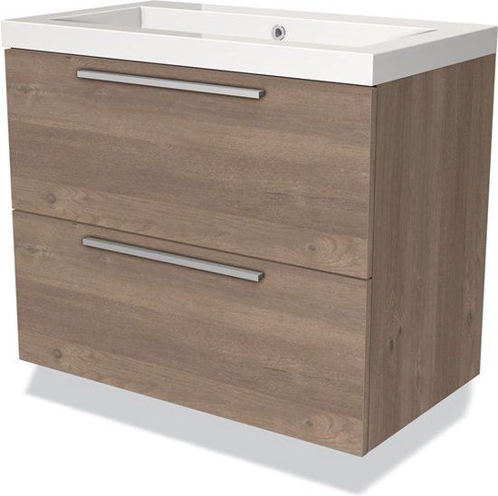Maxaro Modulo Badkamermeubel - 80cm - Middenbruin Eiken - Mineraalmarmer Wastafel - 2 Lades