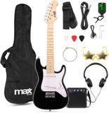 MAX GigKit Junior 1/4 Elektrische Kinder Gitaar Starterset – E-Gitaar Set met 10W Versterker, 21 Frets, Solid Body, Gitaartas, Stemapparaat, Kabel, Koptelefoon, Plectra & Snaren, Zonnebril – Zwart