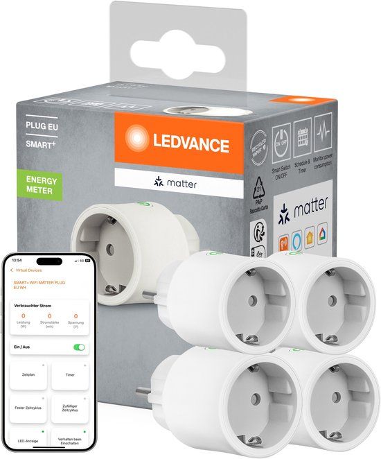 LEDVANCE SMART+ Indoor Plug, smart socket met Matter over WiFi, voor het integreren van conventionele apparaten in het smart home, compatibel met Alexa, Google en Apple, meet en bespaart stroomverbruik, wit