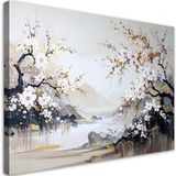 Impression sur toile paysage japonais fleurs de cerisier beige 100x70