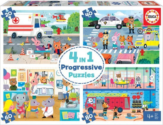 Educa 18903 4-in-1 Helden in actie Progressieve puzzels voor kinderen, 20, 40, 60 en 80 delen, vanaf 4 jaar, meerkleurig