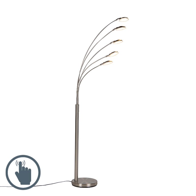 QAZQA Sixties Trento - Design LED Vloerlamp - Staal - 5-lichts - Incl. LED - Dimbare Staande Lamp - H 180 cm - Grijs