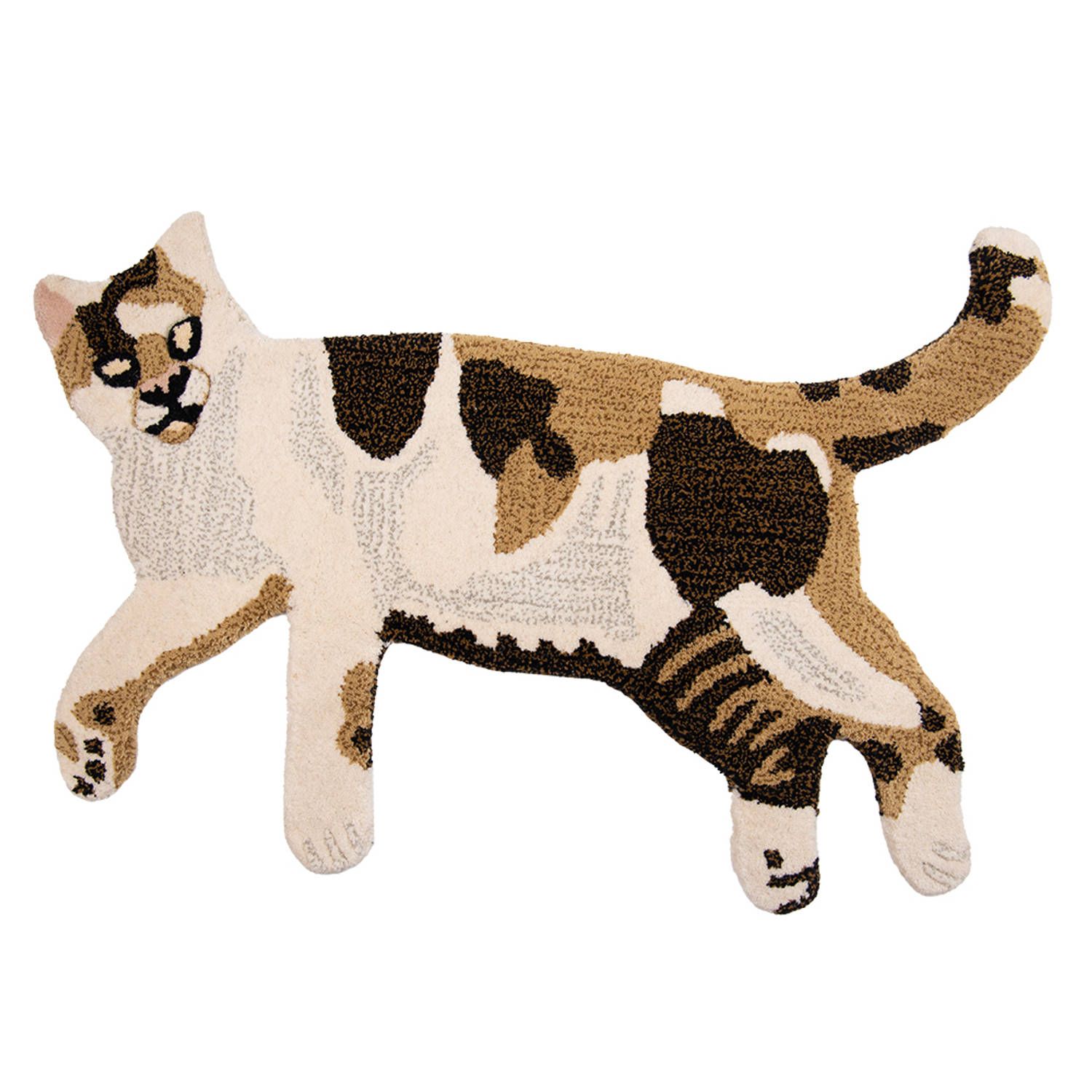 Clayre & Eef Vloerkleed Kat 90x60 cm Bruin Beige Wol Tapijt Voetentapijt