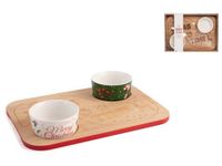 H&H Kerstset met 2 porseleinen cups, bamboesokkel, 28 x 20 cm